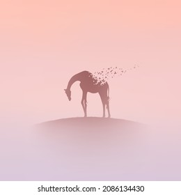 Giraffe and flying birds in fog. Endangered animal. Death, afterlife