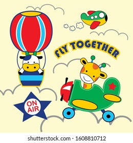 the giraffe is flying with a friend,cartoon vector illustration