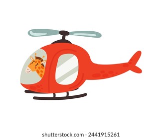 Jirafa volando con helicóptero. Jirafa linda con el transporte aéreo, piloto de jirafa ilustración vectorial plana