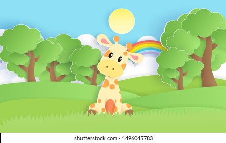 A giraffe  in the forest . paper cut and craft style .