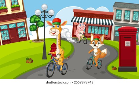 Giraffe, fox, and pig riding bikes in town