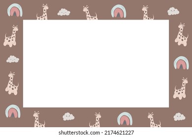 Giraffe Frame Border. Abstract Boho Rainbow, Minimalist Arch. Nursery And Baby Frame Border. Cute Animal Stock Modern Trendy Hand Drawn Flat Illustration Isolated On White Background.