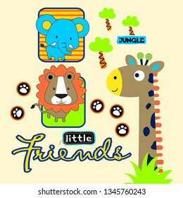 giraffe and friend in the jungle, cartoon vector illustration