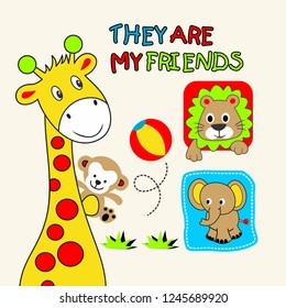 giraffe and friends, cartoon vector illustration