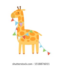 Giraffe with a garland of flags. Vector illustration on a white background.