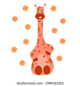 Giraffe gets chickenpox and itches. Children's illustration on the theme of animals.