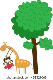Giraffe and girl play with under the tree