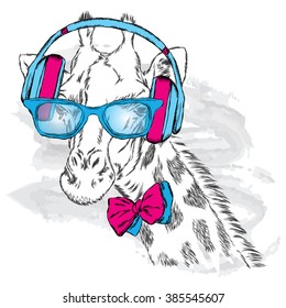 Giraffe with glasses and headphones. Vector.