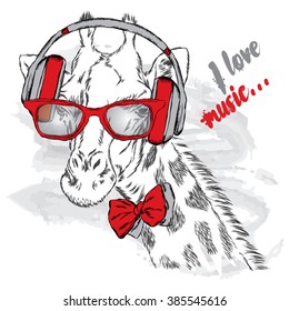 Giraffe with glasses and headphones. Vector.