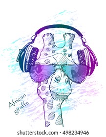 giraffe with glasses and headphones. vector