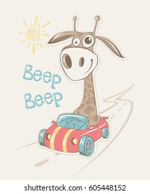 giraffe go by car - vector illustration, eps.