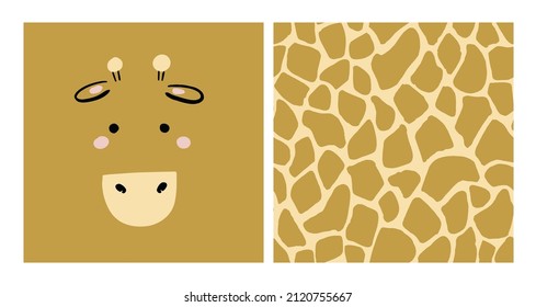 Giraffe graphics. Hand drawn card with cute giraffe face and african giraffe skin pattern. Seamless background. Kids giraffe animal character. Baby poster, nursery wall art, card, room decoration.