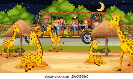 Giraffe group in Safari scene with children in the tourist car illustration