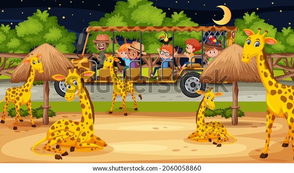 Giraffe group in Safari scene with children\
in the tourist car\
illustration