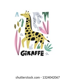 Giraffe hand drawn vector illustration. African animal cartoon character with lettering, plant leaves. Jungle, rainforest, savanna mammal. Zoo, safari fauna. Travel postcard, kid book clipart