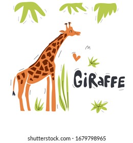 Giraffe hand drawn vector illustration. African animal cartoon character with lettering, plant leaves. Jungle, rainforest, savanna mammal. Zoo, safari fauna. Travel postcard, kid book clipart