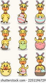 Giraffe Happy Easter. Cute Giraffe on the Easter theme in cartoon. Vector illustration. Isolated on white background. Easter holiday vector set.