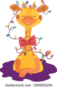 The giraffe has put on a garland and is waiting for the New Year