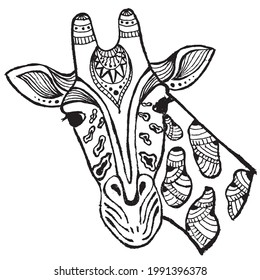 cabeza de jirafa. dibujo en blanco y negro en estilo zentángulo