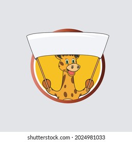 Etiqueta de círculo de la cabeza de la jirafa Trae un cartel blanco grande en blanco, fondo de colores amarillos, mascota, icono, carácter o logotipo, vector e ilustración.
