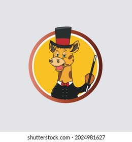 Giraffe Head Circle Label With Custom Magician and Bring Stick, Yellow Colors Background, Mascot, Icon, Character or Logo, Vector and Illustration.