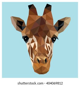 Giraffe head colorful low poly design isolated on blue background with white outline. Animal portrait card.