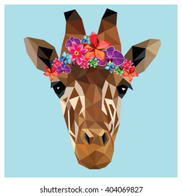 Giraffe head colorful low poly design isolated on blue background with white outline. Animal portrait card.