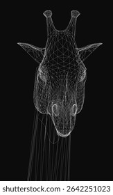Giraffe head depicted as a 3D wireframe with intricate lines and geometric shapes, showcasing a modern digital art style. The black background highlights the detailed structure, creating a striking.