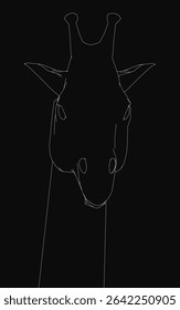 Giraffe head in a detailed black and white line drawing, featuring intricate patterns on its fur and expressive eyes. The minimalist design stands out against a solid black background, perfect for.