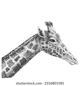 Giraffe head. Drawing with black dots using pointelism technique. Vector illustration