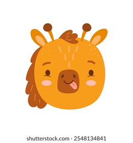 Giraffe head emoticon, african wildlife animal with long neck and spotted coat fur. Vector cute camelopard mascot smiling and showing tongue. Isolated cartoon character from reserve or zoo park