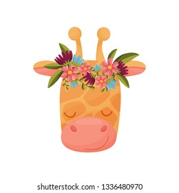 Giraffe head with flower wreath. Flora and fauna concept.