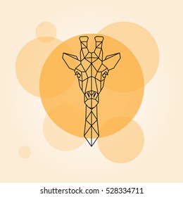 Giraffe head geometric lines silhouette isolated on a orange circle. Vector illustration.