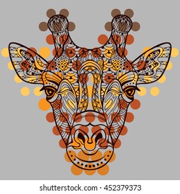 Giraffe head graphic illustration black outline, giraffe isolated, giraffe print. Drawing by hand style zentangle. Giraffe head in a mosaic style. Giraffe in the style of small circle. Vector.
