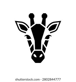 Giraffe head icon with long face, patterned markings, pointed ears and paired ossicones in bold black and white geometric style