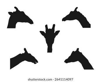 Giraffe Head icon silhouette. Silhouettes of Giraffe Heads Showcasing Variety in Profile Views. Flat Black Color Isolated on a White Background.