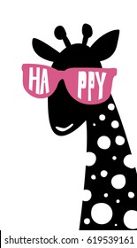 Giraffe head isolated on white background. Vector cartoon illustration. Pink sunglasses, Funny, happy fancy animal. Design for Interior children room, print card, pillow, t-shirt