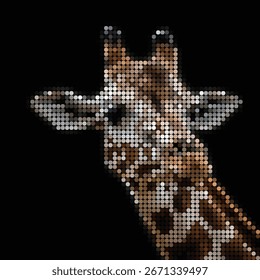Cabeza y cuello de jirafa en estilo de puntos pixelados, mirando hacia adelante con tonos naturales sobre negro.

