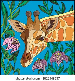 giraffe head on a background of sky and flowers, coloring book