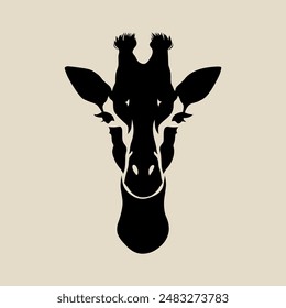 Giraffe head silhouette looking forward for logo, emblem or illustration.