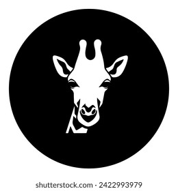 A giraffe head symbol in the center. Isolated white symbol in black circle. Vector illustration on white background
