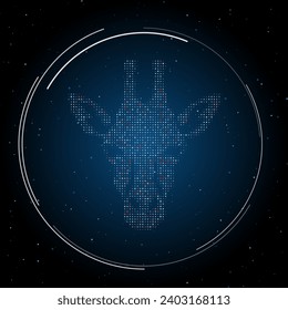 The giraffe head symbol filled with white dots. Pointillism style. Some dots is red. Vector illustration on blue background with stars