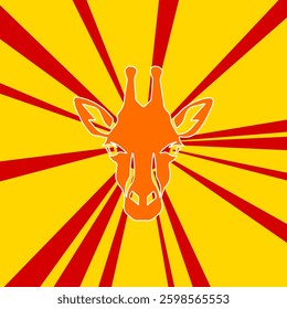 Giraffe head symbol on a background of red flash explosion radial lines. The large orange symbol is located in the center of the sun, symbolizing the sunrise. Vector illustration on yellow background
