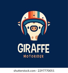 Giraffe Helmet Retro Moto Rider Cartoon Mascot Character Logo Vector Icon Illustration