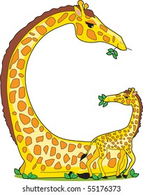 A giraffe and her baby in the shape of the letter G