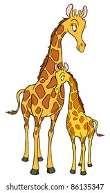 A giraffe and her cub