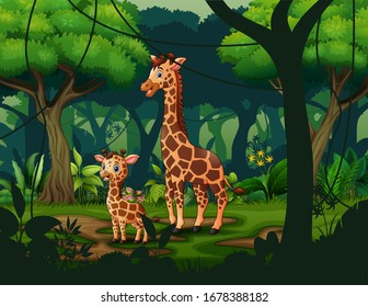 A giraffe with her cub in a tropical forest