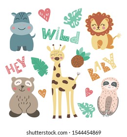 Giraffe, Hippo, Panda, Lion Jungle Animals with the Inscription Hey Wild Baby Vector Illustration of Baby Animals for Posters in a Childish Style