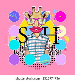 Giraffe. Hipster animals. Zine culture style vector. Contemporary collage. Fashion slogan 