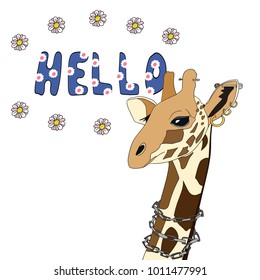 Giraffe hipster with earrings and chain. Hello - Hand drawn Lettering 